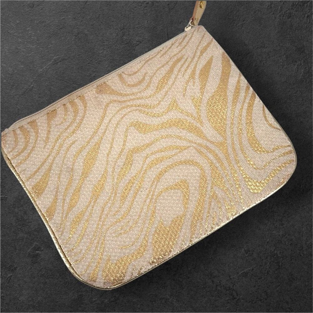 Stephanie‎ Johnson Palm Desert Metallic Gold Cosmetic Makeup Bag zebra stripes